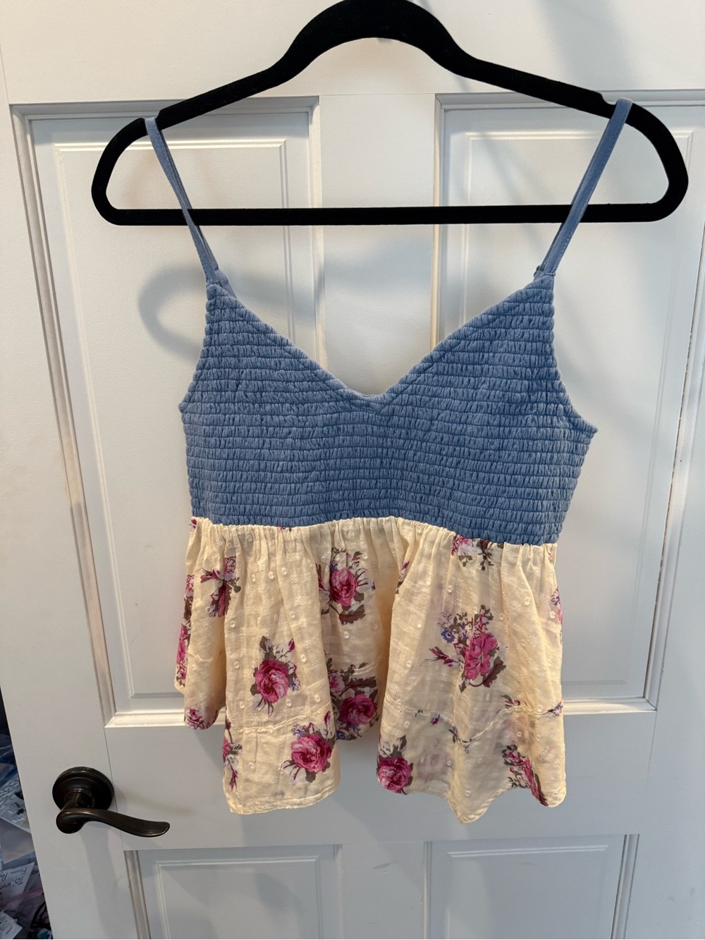 Pilcro Blue Smocked Top with Cream Floral from Anthropologie
